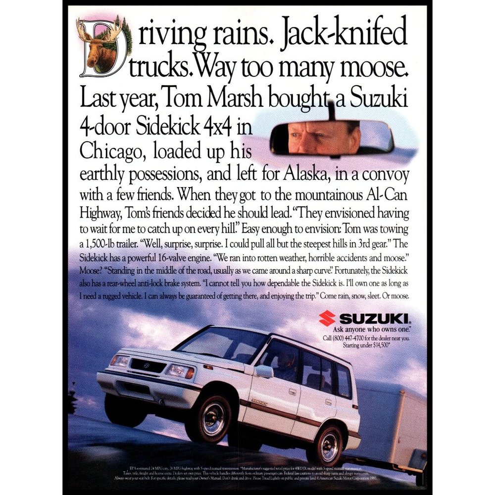 1994 Suzuki Sidekick 4 Door SUV Vintage Print Ad Move to Alaska Wall Art
